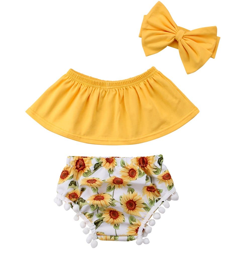 Baby Girls Off Shoulder Top T Shirt Sunflower Floral Print Shorts Headband Outfits Set (12-18 Months,Yellow)