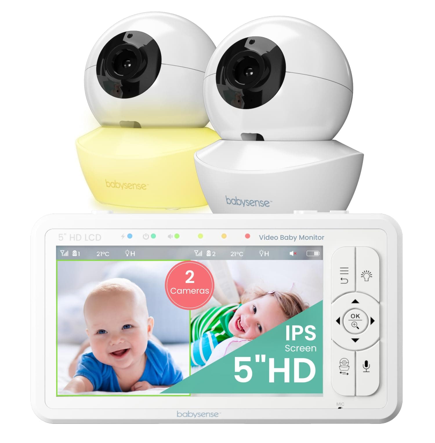5" HD Split-Screen Baby Monitor, Video Baby Monitor with 2 Cameras and Audio, Night Light, 960ft Range, Two-Way Audio, 4X Zoom, Night Vision, 4000mAh Battery