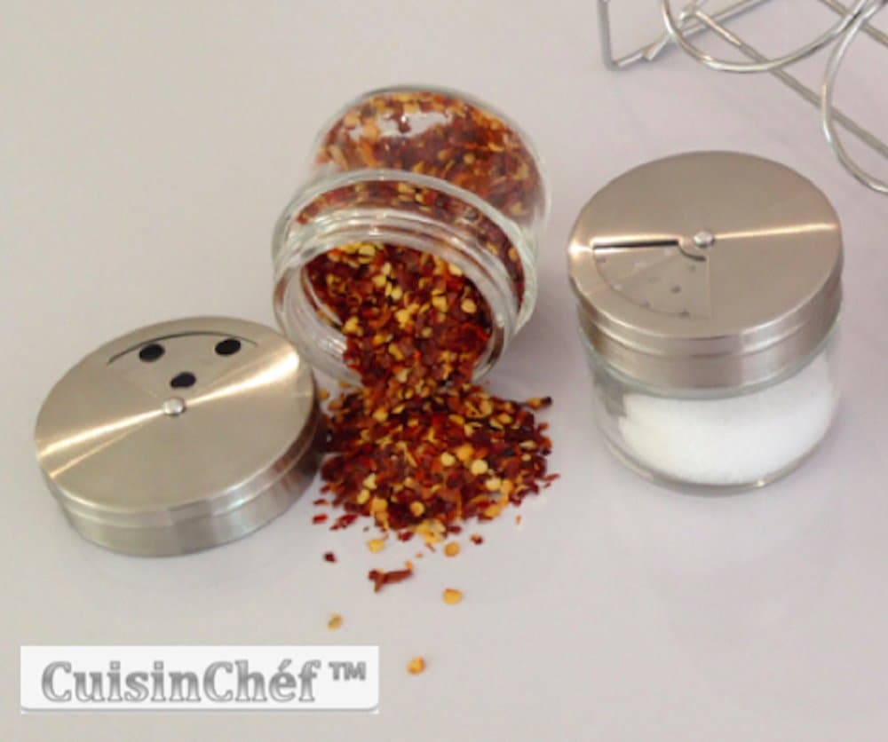 Glass Spice Jars and Rack by CuisinChef - 4 Refillable Shaker Bottles with Stand - Easy Refill and Storage of Your Favourite Spices - Removable Stainless Steel Dispensing Tops