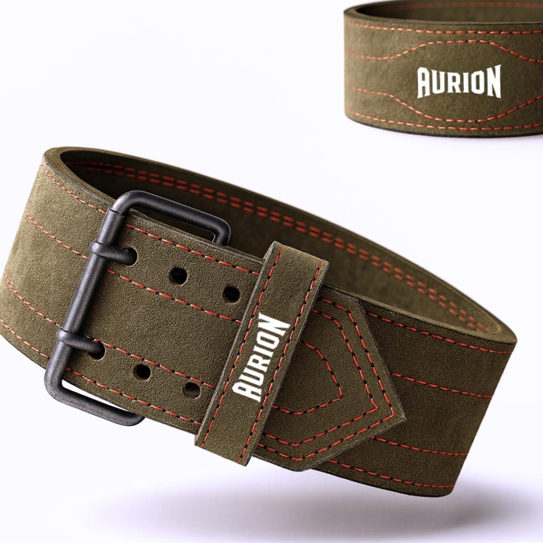 Aurion 6mm Suede Premium Leather Gym Belt for Weight Lifting & Powerlifting | Deadlift Belt with Stainless Steel Double-Pronged Buckle for Men & Women | S-M (26″–36″) Olive Green