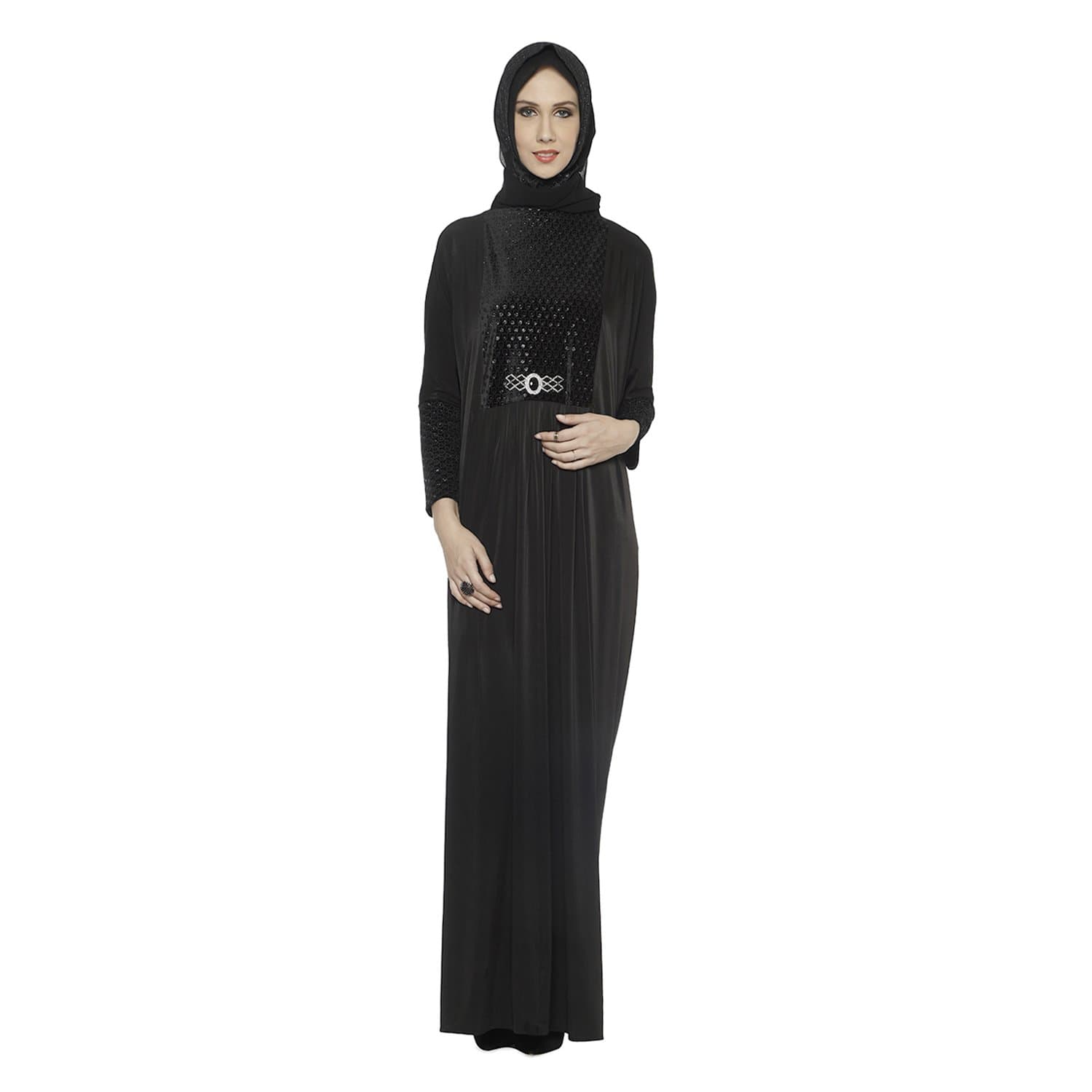 Women's Cystal Lycra Fabric Burqa Set (Ascm-015_Black_Free Size)
