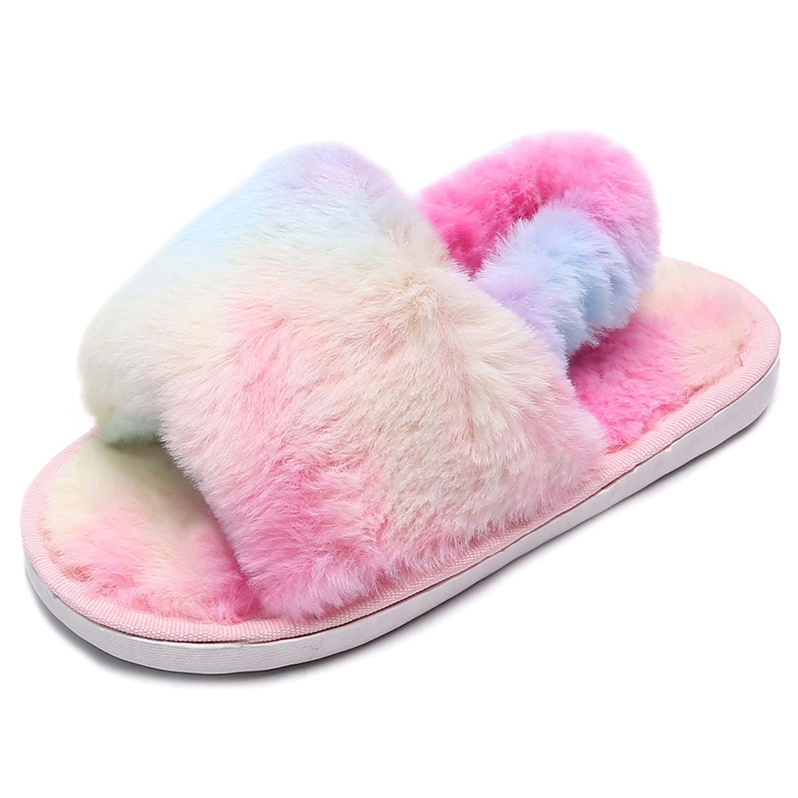 LightFun Girl's Fuzzy Fluffy Furry Slippers Cross Band Shoes Slides for Girls Fur Flip Flop Open Toe Slippers