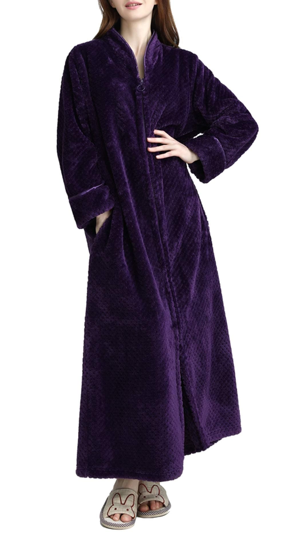 KinloyLadies Extra Fluffy Dressing Gown Plus Size Waffle Terry Toweling Bathrobe Maternity Loungewear Night Robe Purple XL 14-20 UK