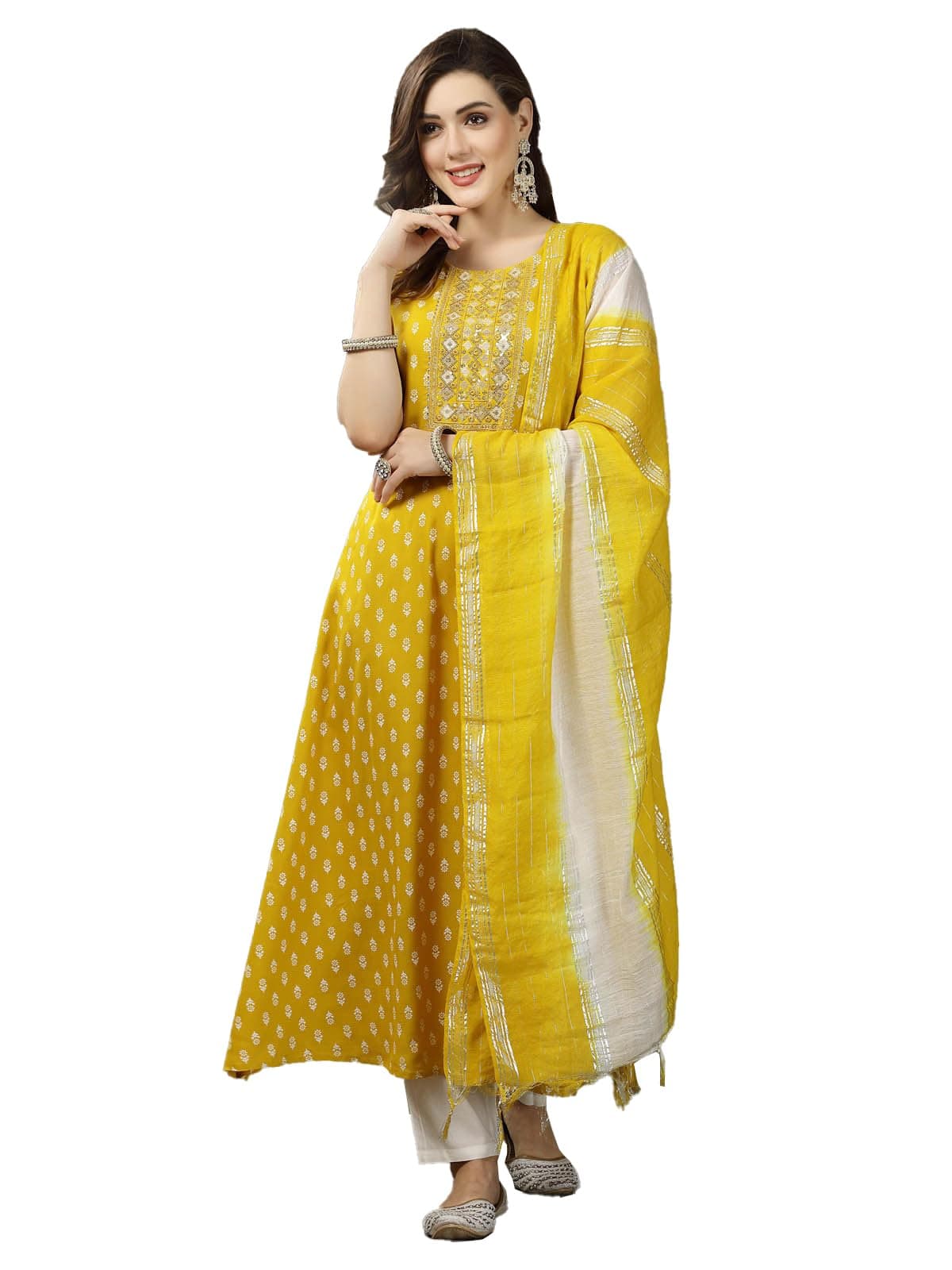 StylumWomen's Printed & Embroidered Rayon A-Line Kurta with Dupatta