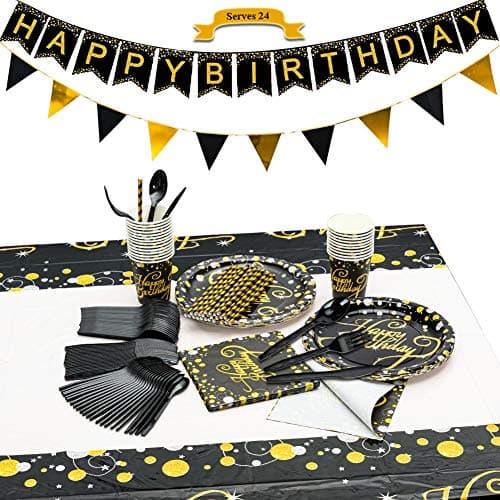CrzPai Black and Gold Birthday Party Supplies Party Plates and Napkins Sets 24