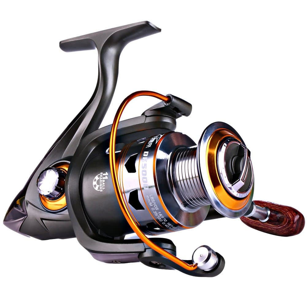 Sougayilang Spinning Fishing Reels with Left/right Interchangeable Collapsible Wood Handle Powerful Metal Body 5.2:1/5.1:1 Gear Ratio Smooth 11BB for Inshore Boat Rock Freshwater Saltwater Fishing
