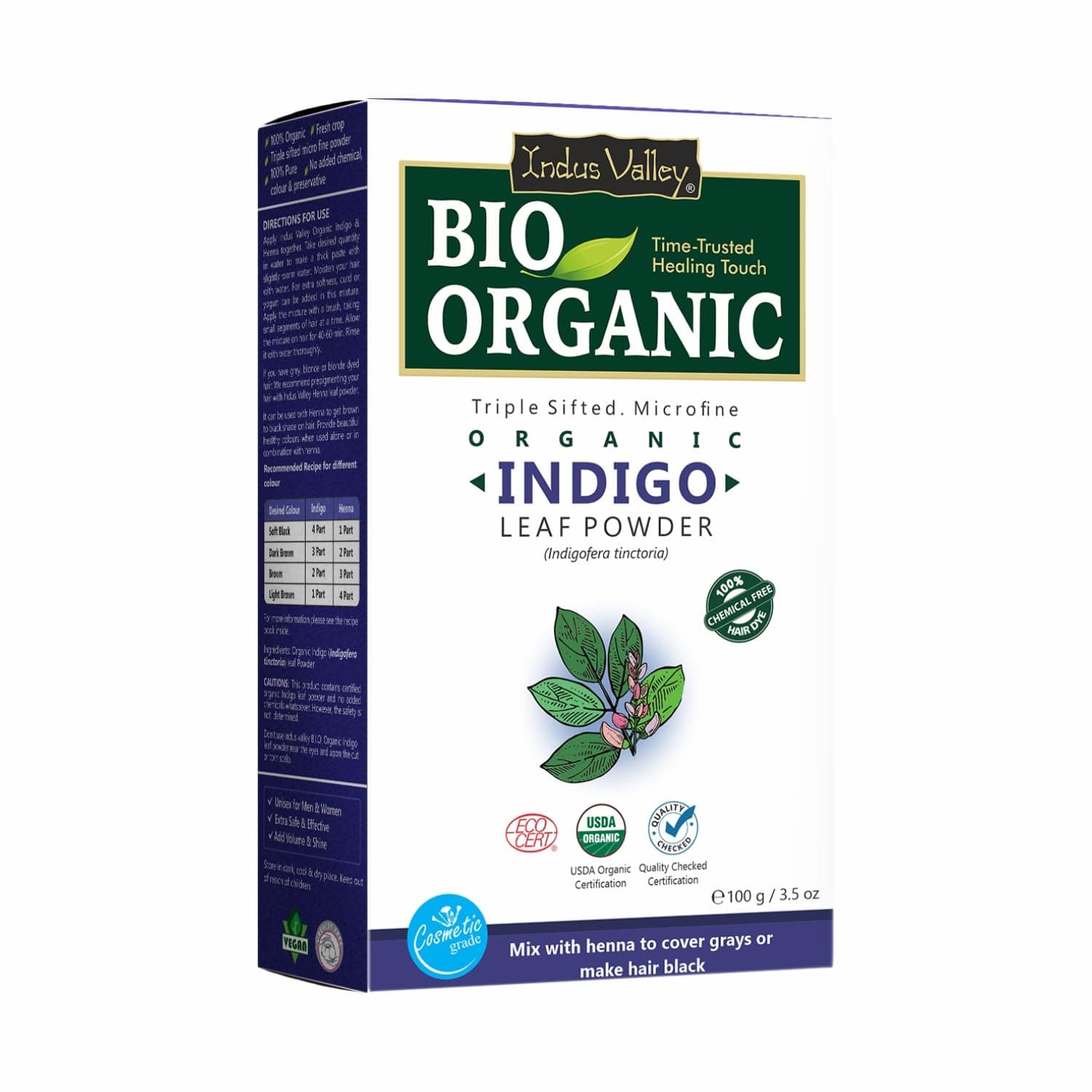 Indus Valley Bio Organic 100% Pure Indigo Powder Color for Natural Hair Dyeing | Organic Indigo Powder Without Preservatives & Dyes | Protects Hair From Damage -Plant-based Hair Dye 3.5 oz