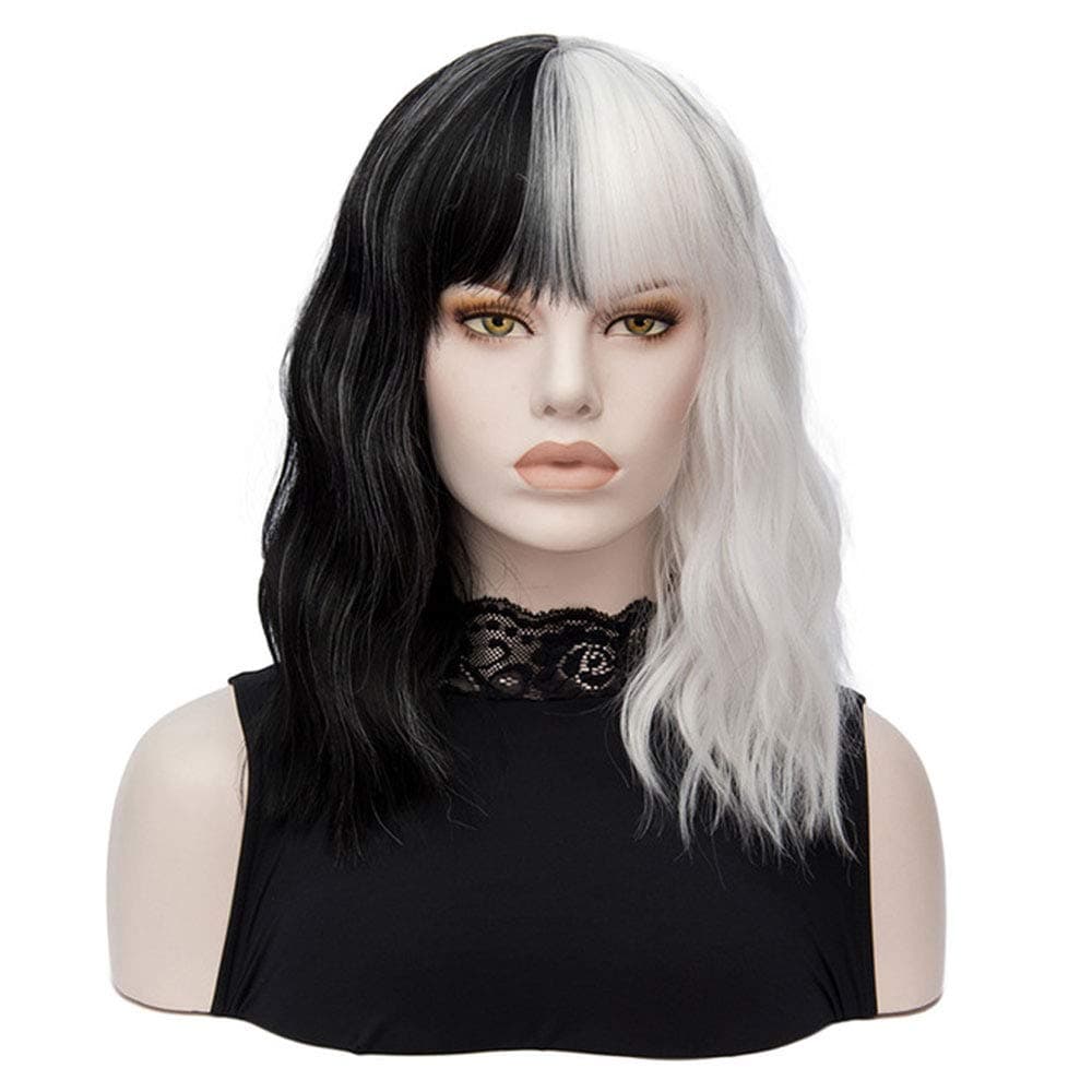 Qaccf Black and White Wig | Short Wavy Shoulder Length Women Full Bang Heat Resistant Wig (Black and White)