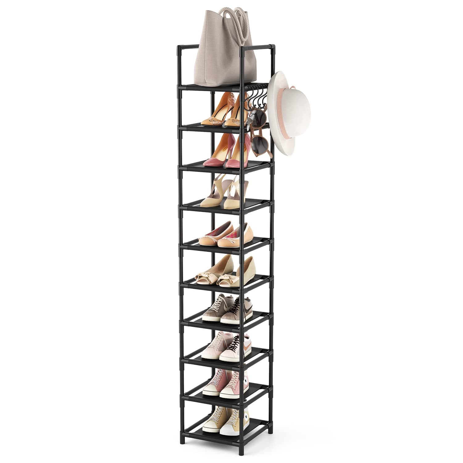 LANTEFUL Tall Shoe Rack for Entryway, 10-Tier Sturdy Metal Shoe Shelf to Store 10-15 Pairs of Shoes and Boots, Space Saving Narrow Shoe Storage Organizer for Closet,Doorway,Garage,Bedroom,Living Room