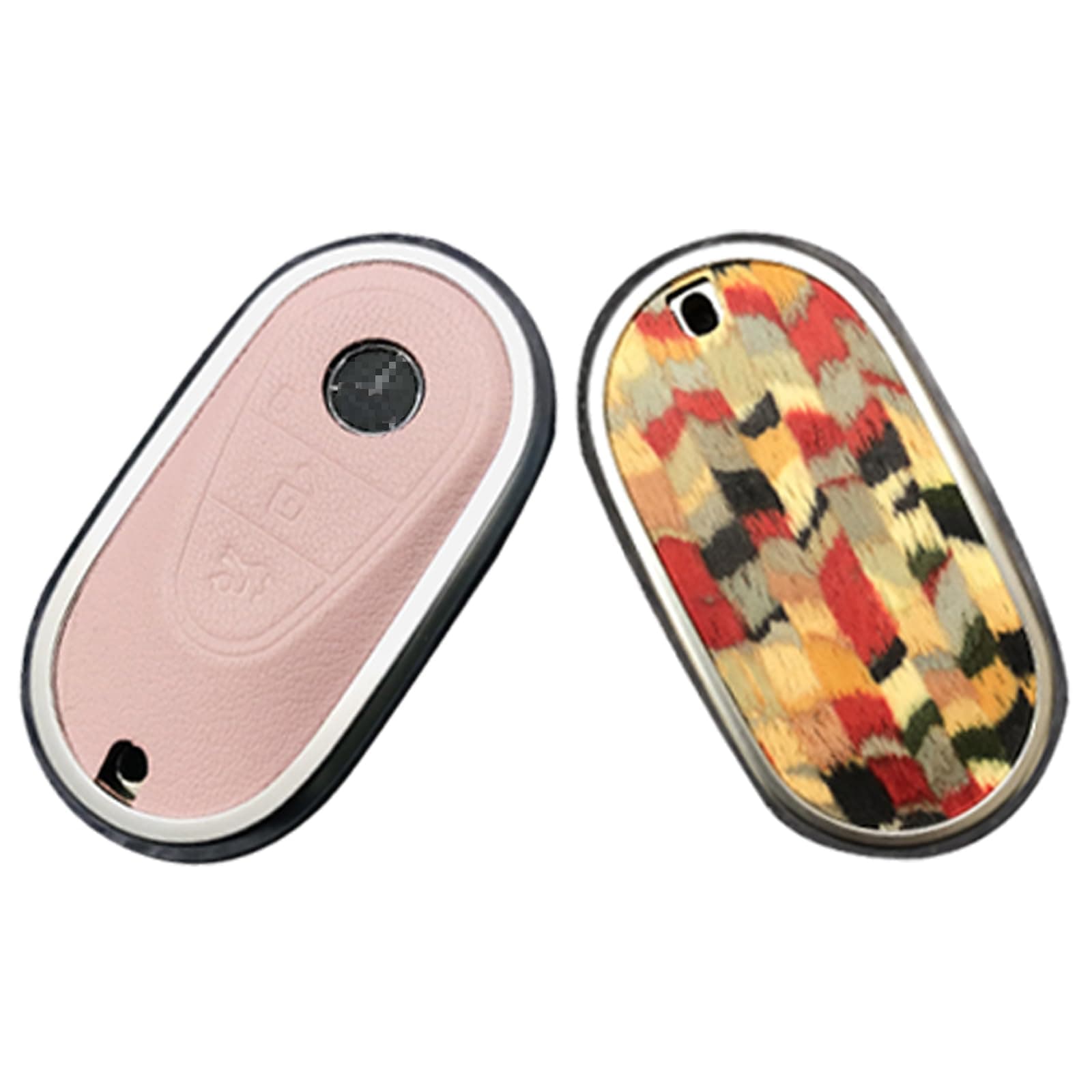 for Mercedes Benz Key case Key fob Cover Made of Real Wood Veneer Genuine Leather Key Fob Shell Gift Compatible C GLC E S ect 2022-2023-newer (Bohemian Oak, Pink Leather)