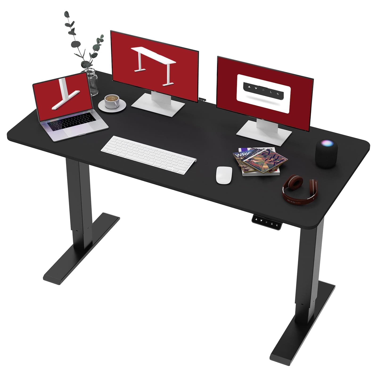 SANODESK 110 * 60 Electric Standing Desk Height Adjustable Standing Desk Sit Stand Desk Adjustable Desk Stand Up Desk for Home Office, 110*60cm, Black Frame+ Black Desktop