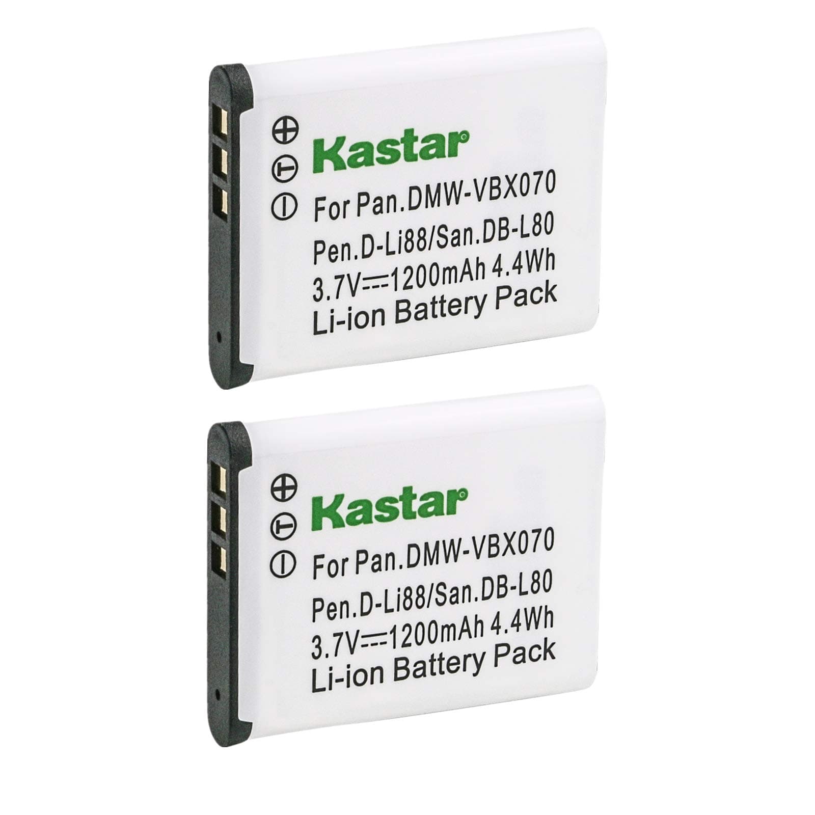 Kastar 2X DB-L80 VW-VBX070 D-LI88 Battery Replace for Sanyo Xacti DMX-CG11 VPC-CG10 VPC-CG102 VPC-CG20 VPC-CS1 VPC-GH2 VPC-X1200 ICR-XPS01MF ICR-XPS03MF ICR-XRS120MF Pentax Optio H90 P70 P80 W90 WS80