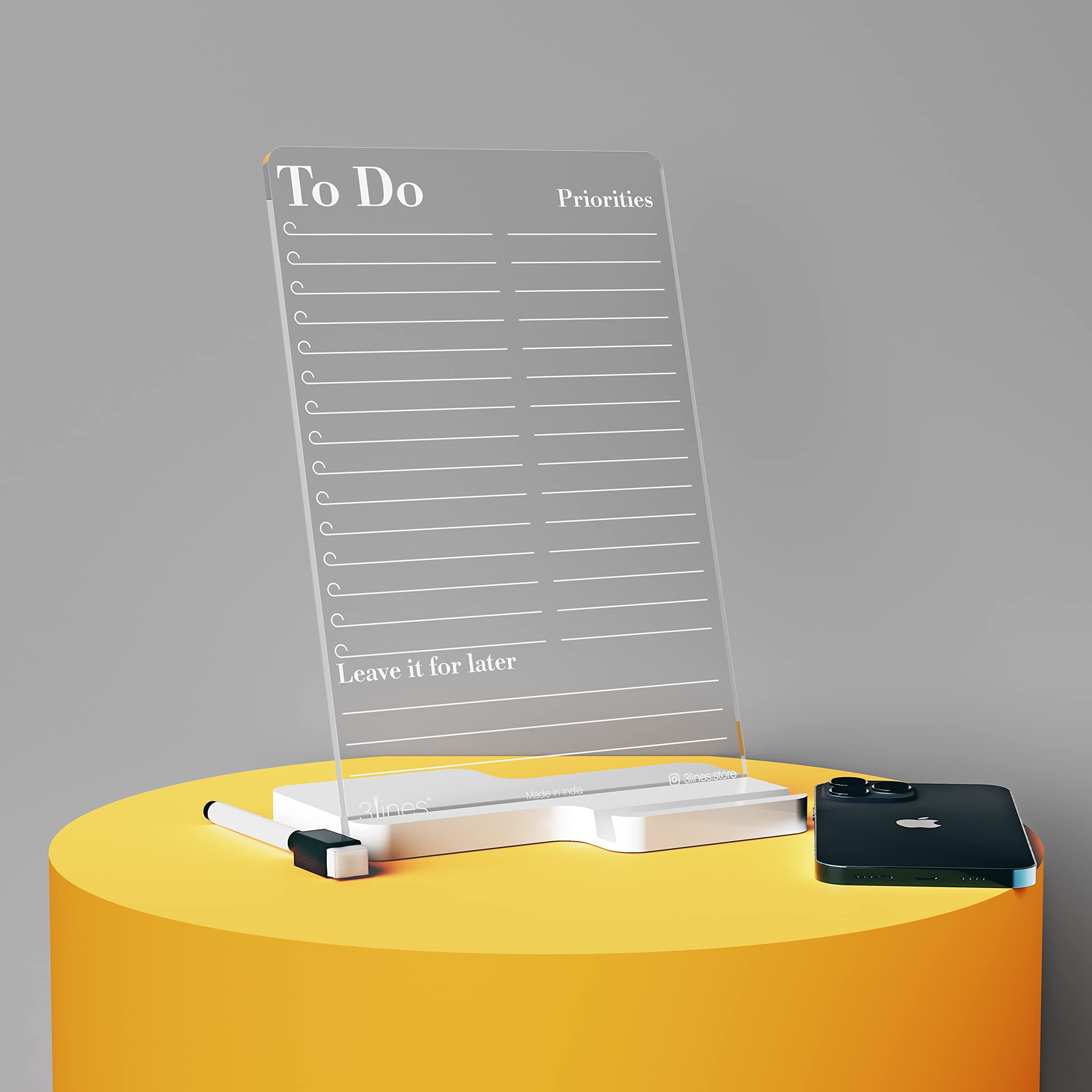Clarity+ 'To-Do Priorities' Acrylic Board for Desk (24x16 CM)| Best Planner & Organiser | White Acrylic Base With Slot for Phone| With 2 Markers & Cleaning Fabric |Regular Size
