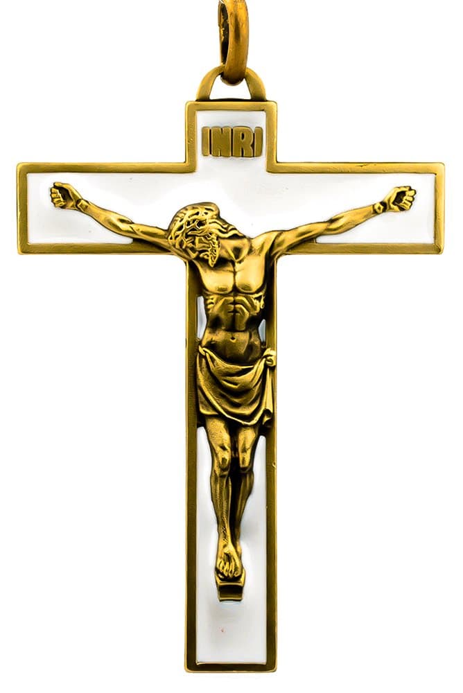 4" Pectoral Crucifix | Bronze-Tone Finish with White Enamel | Christian Pendant Jewelry | Great Catholic Gift for First Holy Communion, Confirmation, and Ordination | Made in France