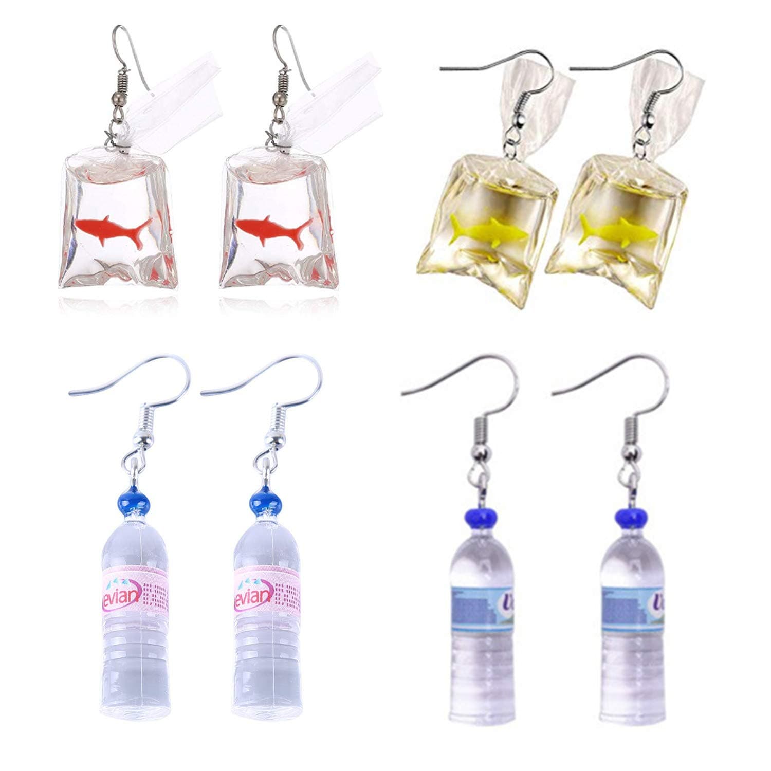 PPX 4 Pairs Funny Acrylic Goldfish and Water Bottle Pendant Earrings, Water Bag Shape Dangle Hook Earrings for Women Bohemian Creative Unique