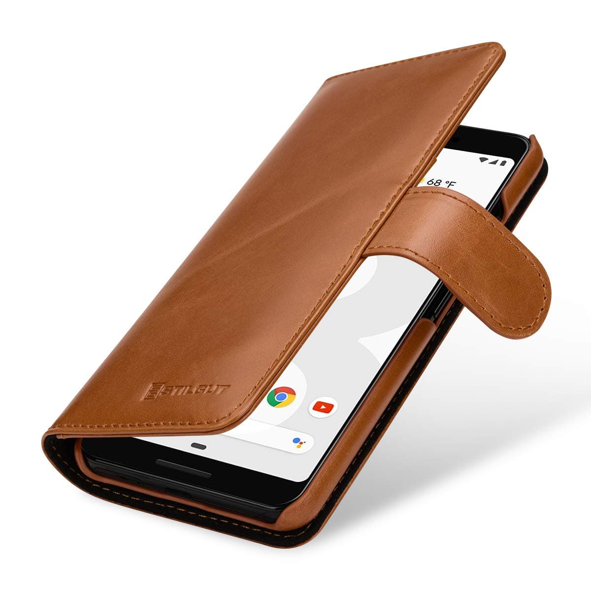 StilGut Wallet Case for Pixel 3, Genuine Leather Google Pixel 3 Case with Card Slots & Magnetic Closure, Cognac Brown