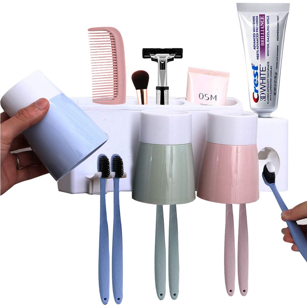 MEIJUBOL Toothbrush Holder Wall Mounted Storage Set with Automatic Toothpaste Squeezer 3 Cups and 6 Slots for Family Kid Bathroom Shower Marble