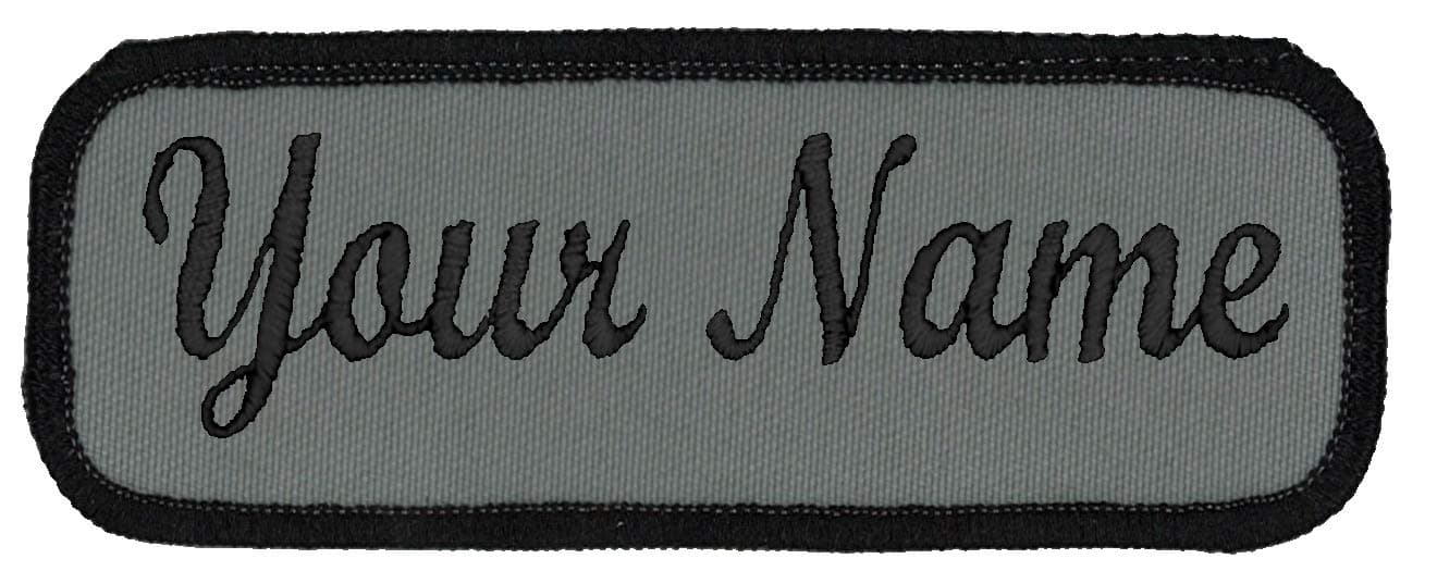 Name Tag Personalized and Embroidered 4 Wide x 1.5 Tall Black Border-Graphite. Hook Fastener.