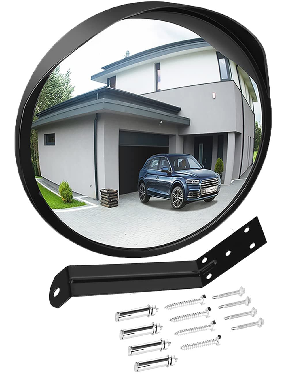 Convex Mirror Outdoor for Garage and Traffic Driveway Park Assistant, 12 in Security Mirror with Adjustable Fixing Bracket Indoor and Outdoor
