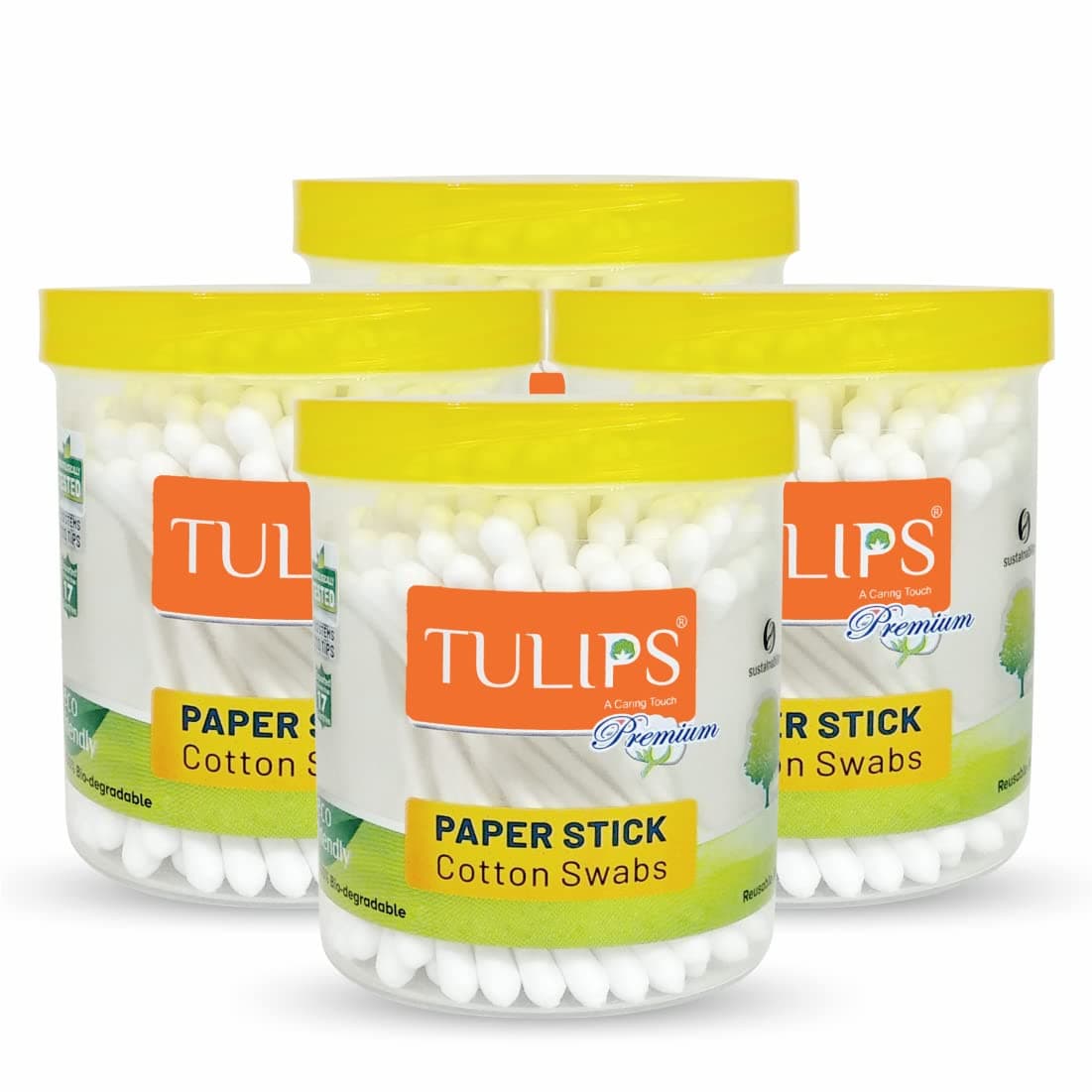 Tulips Premium Paper Stick Cotton Ear Buds (Pack Of 4) Pure & Soft Cotton, 100 Sticks/ 200 Tips Each Pack - White