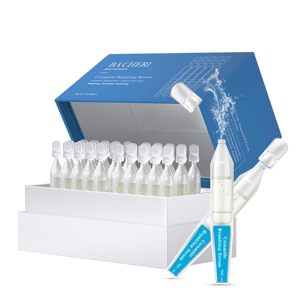 Ceramide Ampoule Serum with Hyaluronic Acid, Peptide, Hydrating & Anti Aging Serum, Skin Barrier Repair Face Serum for Dry and Sensitive Skin, 30 Ampoules