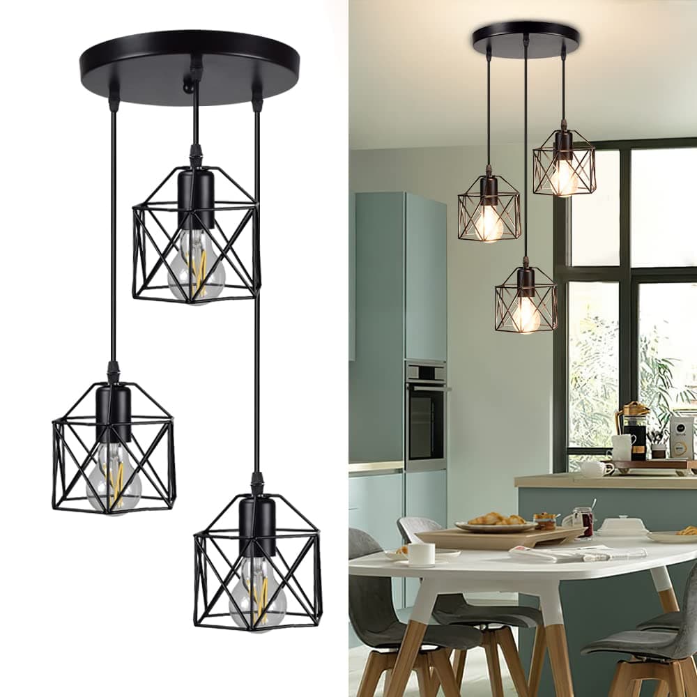 DLLT Vintage Pendant Light, Adjustable Mini Hanging Pendant Lights Fixture with 3-Light Cage Shade, Flush Mount Ceiling Swag Lighting for Kitchen/Dining Room/Hallway/Bedroom, E26 Base (Black)