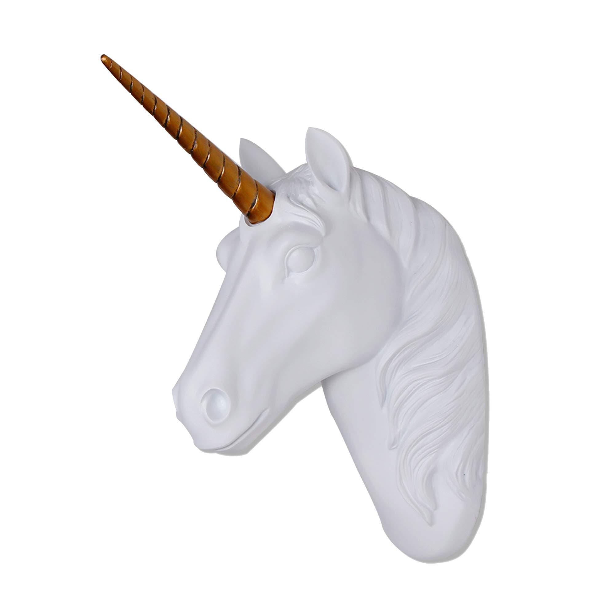 Unicorn Head Wall Mount White Unicorn Head Sculpture With Gold Horn Faux Resin Animal Head Wall Decor Ready To Hang - 10x5x13 Inches