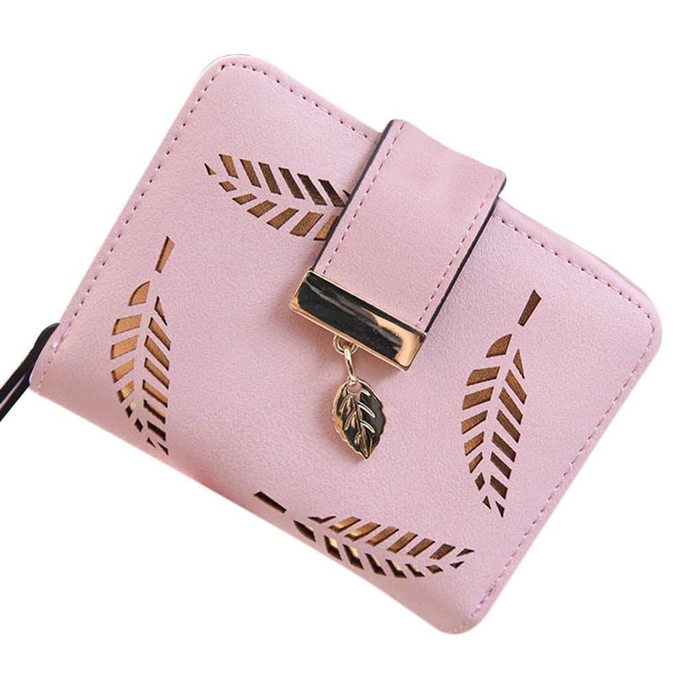 Women's Wallet Hollow Leaf Pattern Bifold Leather Lady Purse Coin Button Clutch Bag (Pink-short)