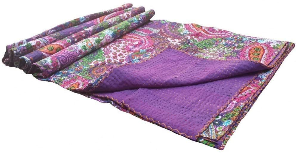 Queen/Twin/King Quilting Indian Handmade Paisley Print Kantha Quilt Cotton Kantha Blanket Bed Cover Sofa Cover Kantha Bedspread Bohemian Bedding (Purple, 60X90inch with 2 Pillow Cover)