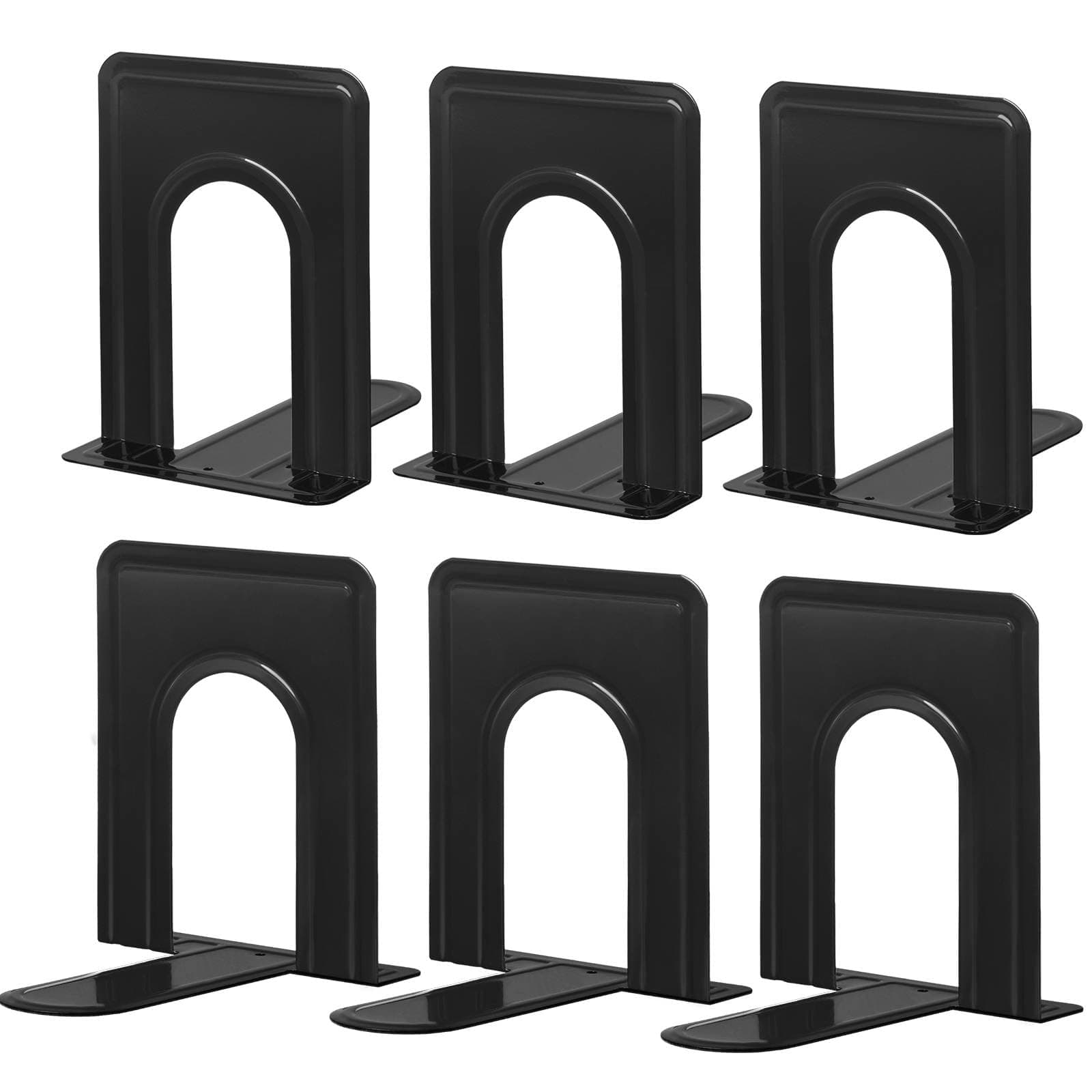 HappyHapi Book Ends, Metal Bookends for Shelves, Non-Skid Book End to Hold Books, Black Book Stopper/Holder for Office Home Kitchen, 5.7X 4.9 X 6.5 in, 3 Pair(6 Pcs, Large)