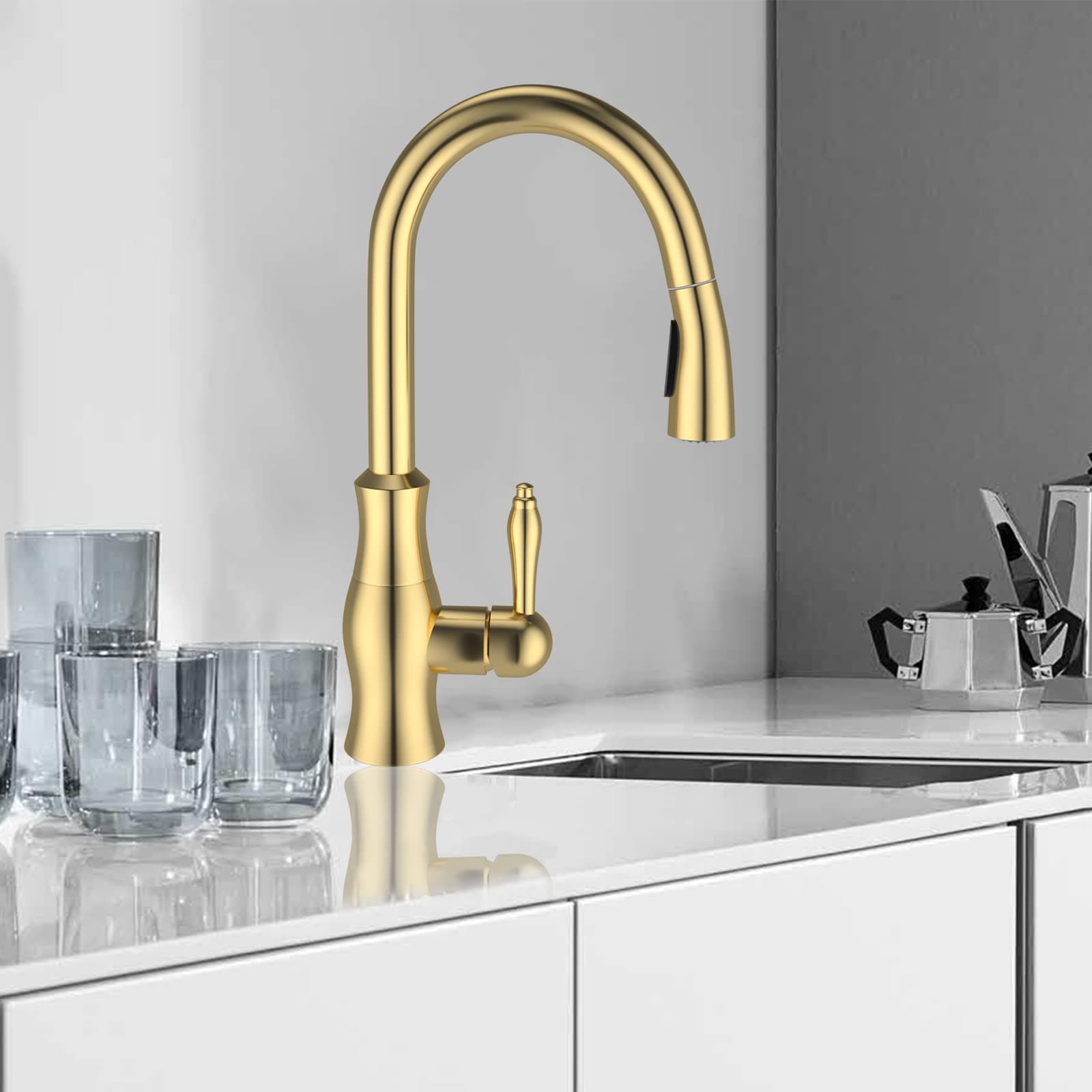 Rozin Elegant Gold 2-Function Kitchen Tap with Pull Out Sprayer and Stream Mode Brass Single Lever Single Handle 360 Degree Swivel Mixer Tap