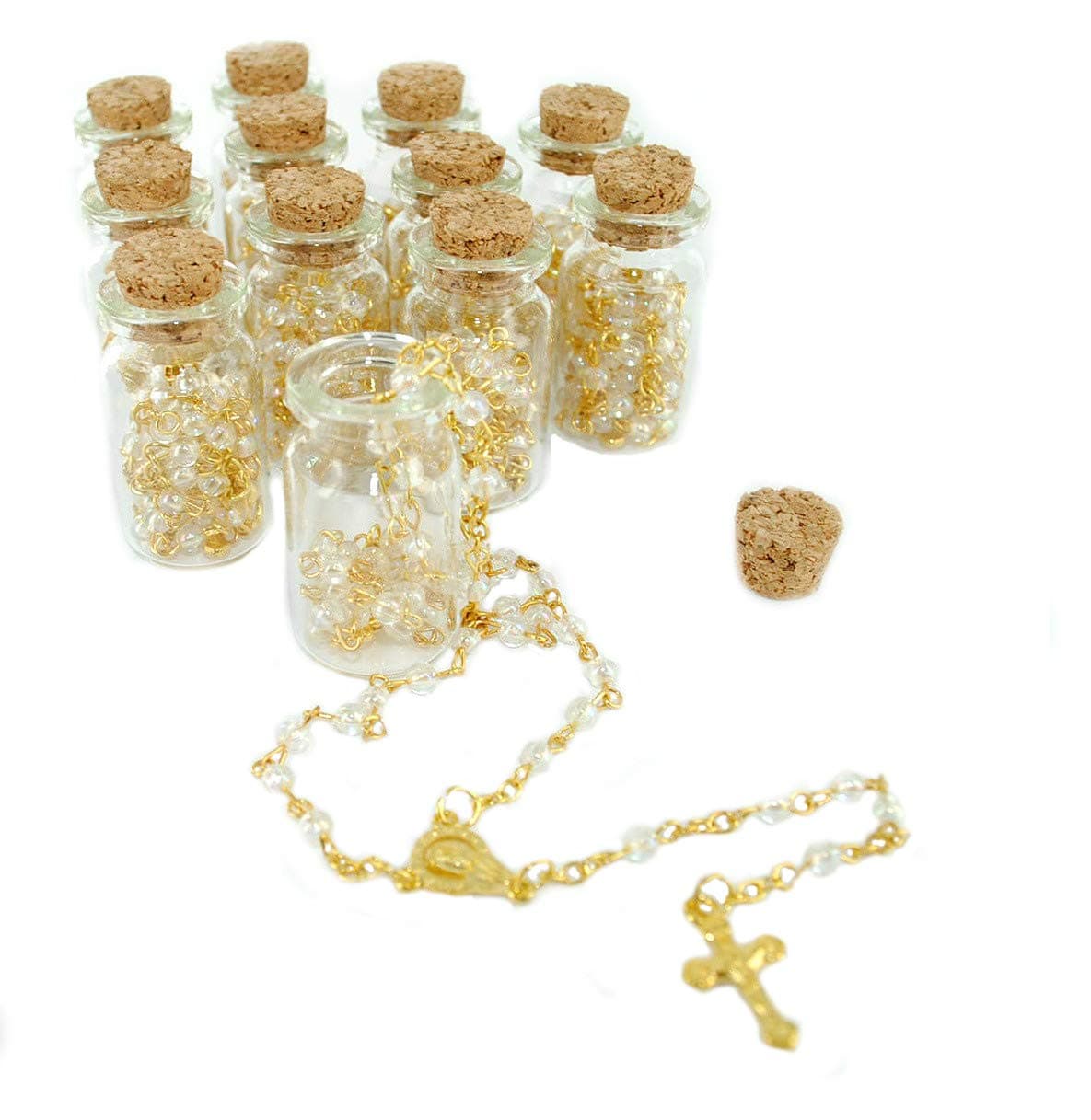 12 Rosary in Glass Jar Bottle Beads (Gold) Catholic Crucifix Necklace Jesus Christ