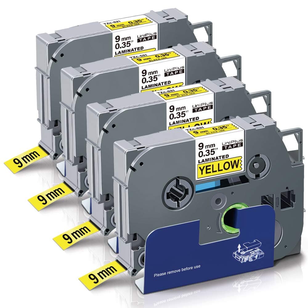 UniPlus Compatible TZe Label Tape Replacement for Brother Tzc Tape 9mm Tze-621 Tze621 Tz-621 Tz621 Work with PT-D210 GL200 PT-H300 1005 H107 1000 PT-1010 PT-1280 PT-E110, Black on Yellow, 4-Pack