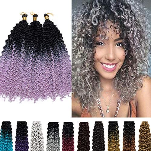 14” Marlybob Crochet Hair Synthetic Deep Water Wave Braiding Hair Weave Ombre 3 Packs/lot Extensions Afro Jerry Curl Twist Braids Hair for Black Women Black to Light Purple