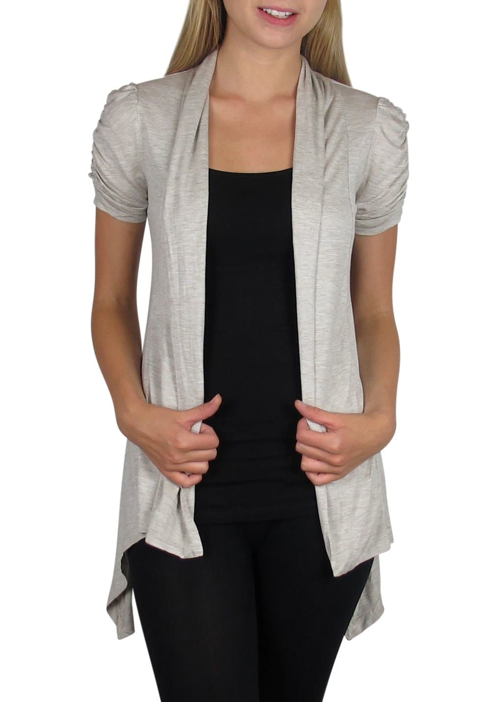 Smooth Fashion Women's Short Sleeve Open Flyaway Cardigan Sweater (Small, Oatmeal)