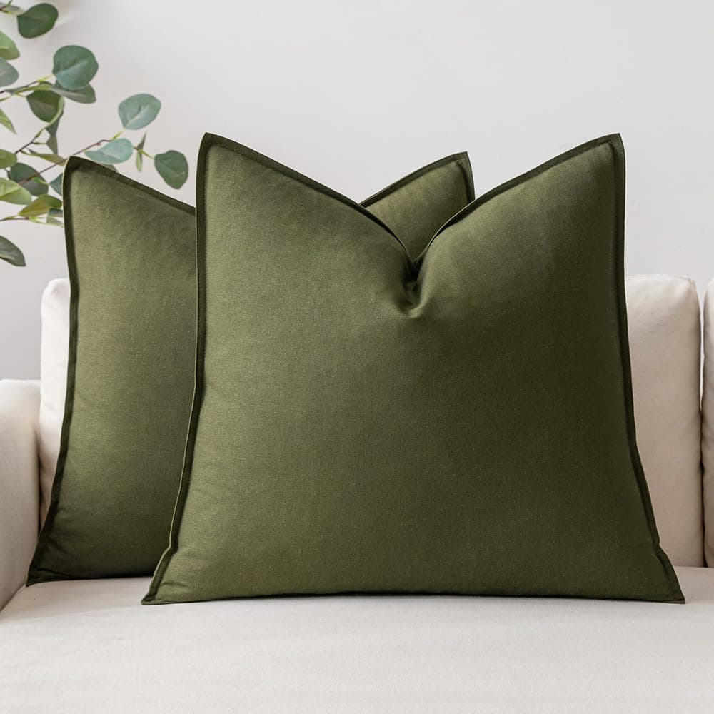 MIULEE Pack of 2 Decorative Linen Pillow Covers Boho Farmhouse Modern Soft Spring Accent Throw Pillows Neutral Cushion Covers for Sofa Couch Bed Living Room Home Decor, 18x18 Inch Olive Green
