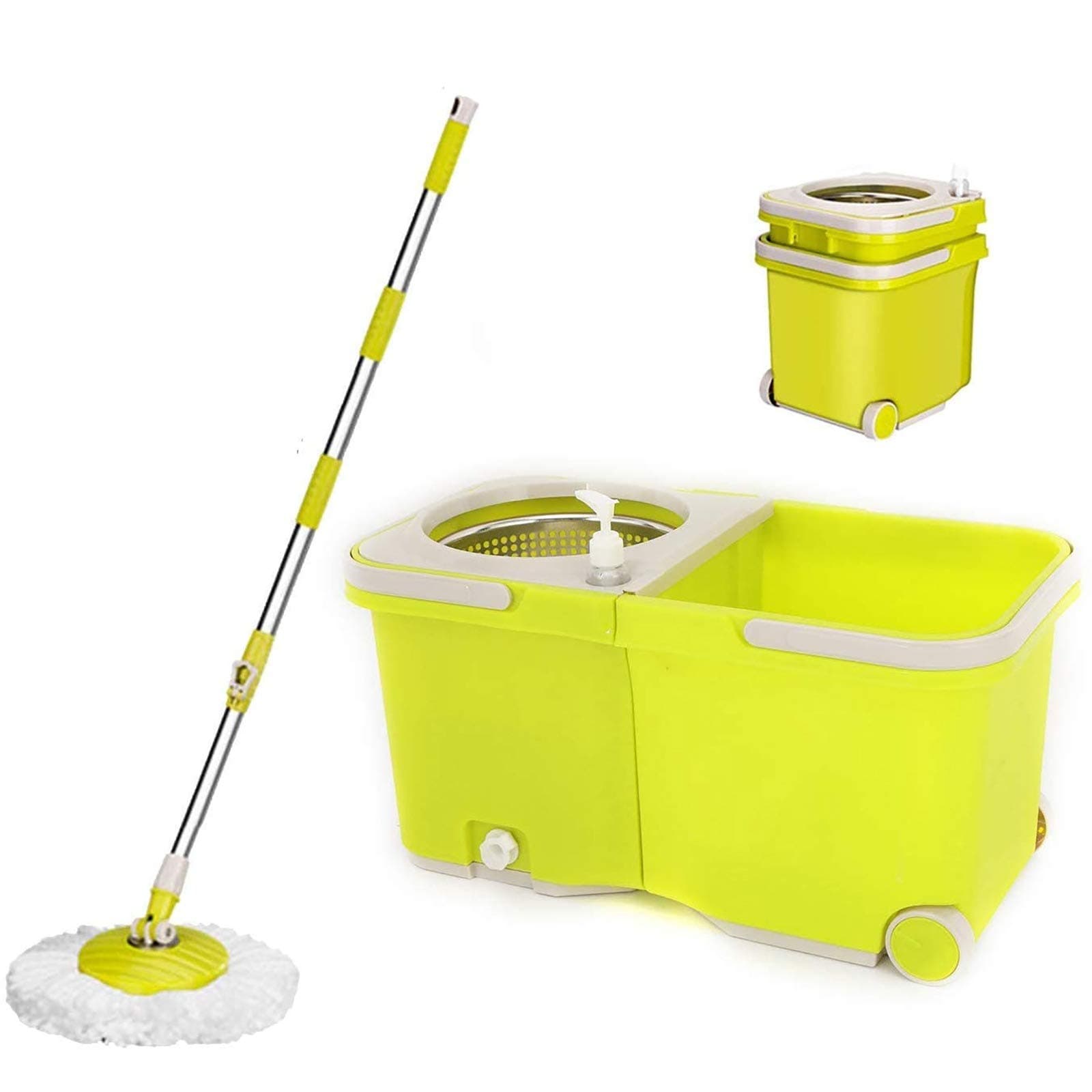 Umien Spin Mop and Bucket Sytem – 360° Self Wringing Spinning Mop with Stackable Bucket On Wheels and 2 Machine Washable Microfiber Mop Heads – Easy to use and Store