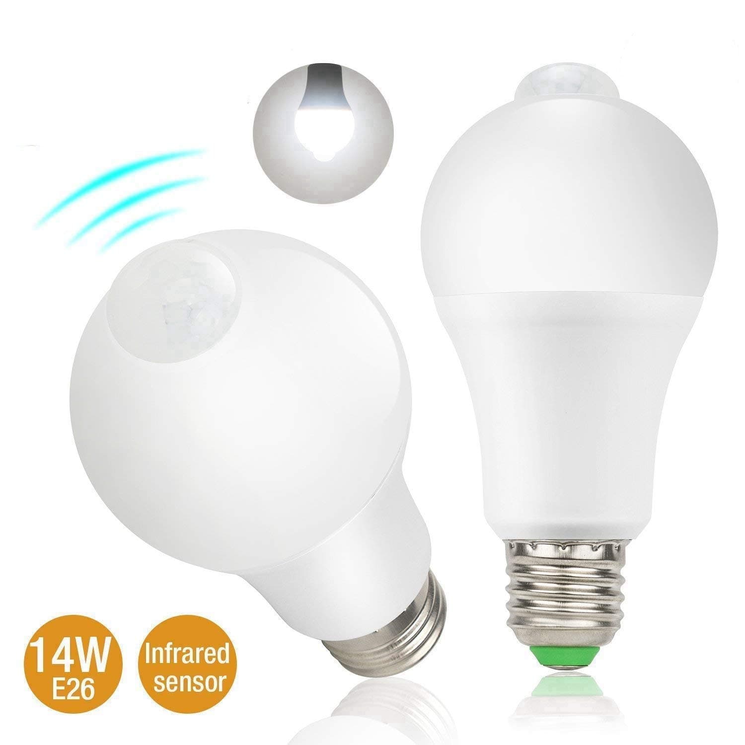 Motion Sensor Light Bulbs,14W Dusk to Dawn PIR Detector Sensor Smart Bulbs E26 Base Indoor Outdoor LED Light Bulbs, 5700K Daylight White,1200 Lumens Security Night Lights,2 Pack