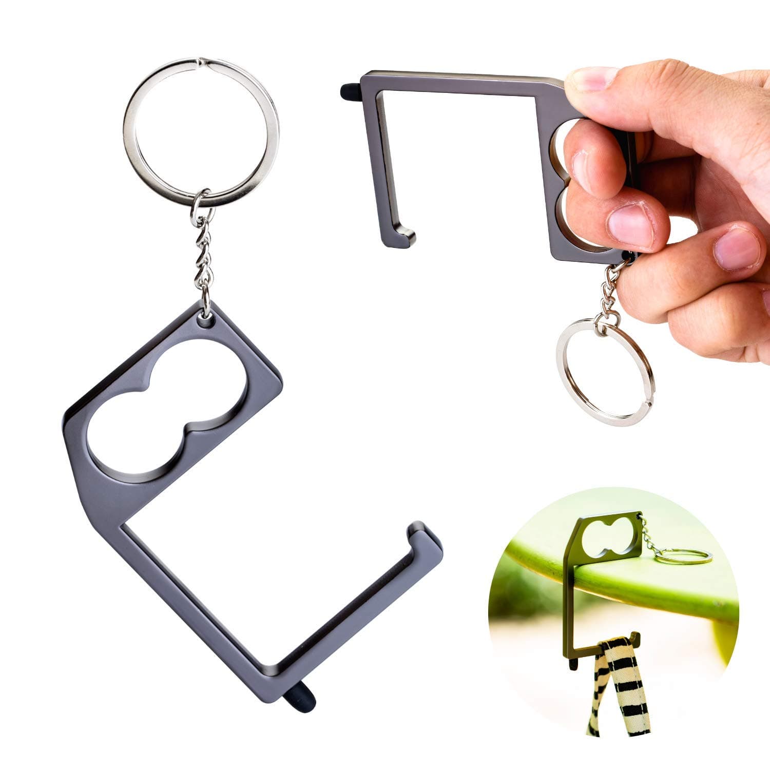 Touchkey & Purse Hook - No Touch Door Opener Tool - Contactless Push Stick & Purse Hanger - Ergonomic Finger & Thumb Support - Touchless Keychain Clean Key Elevator Key with Stylus (2 Pack)
