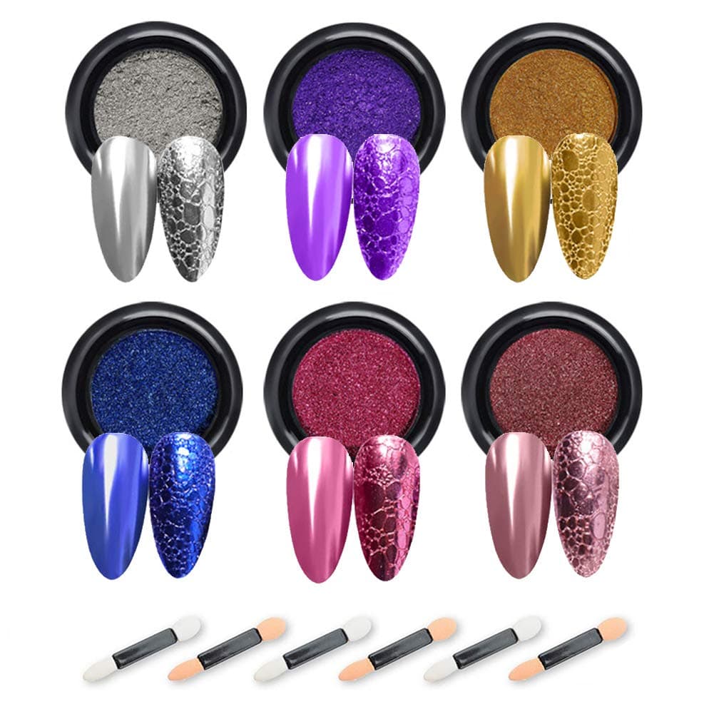 DAGEDA Chrome Nail Powder, 6 Color Holographic Mirror and Bubble Effect Nail Art Decoration Manicure Pigment With 6pcs Sponge Sticks