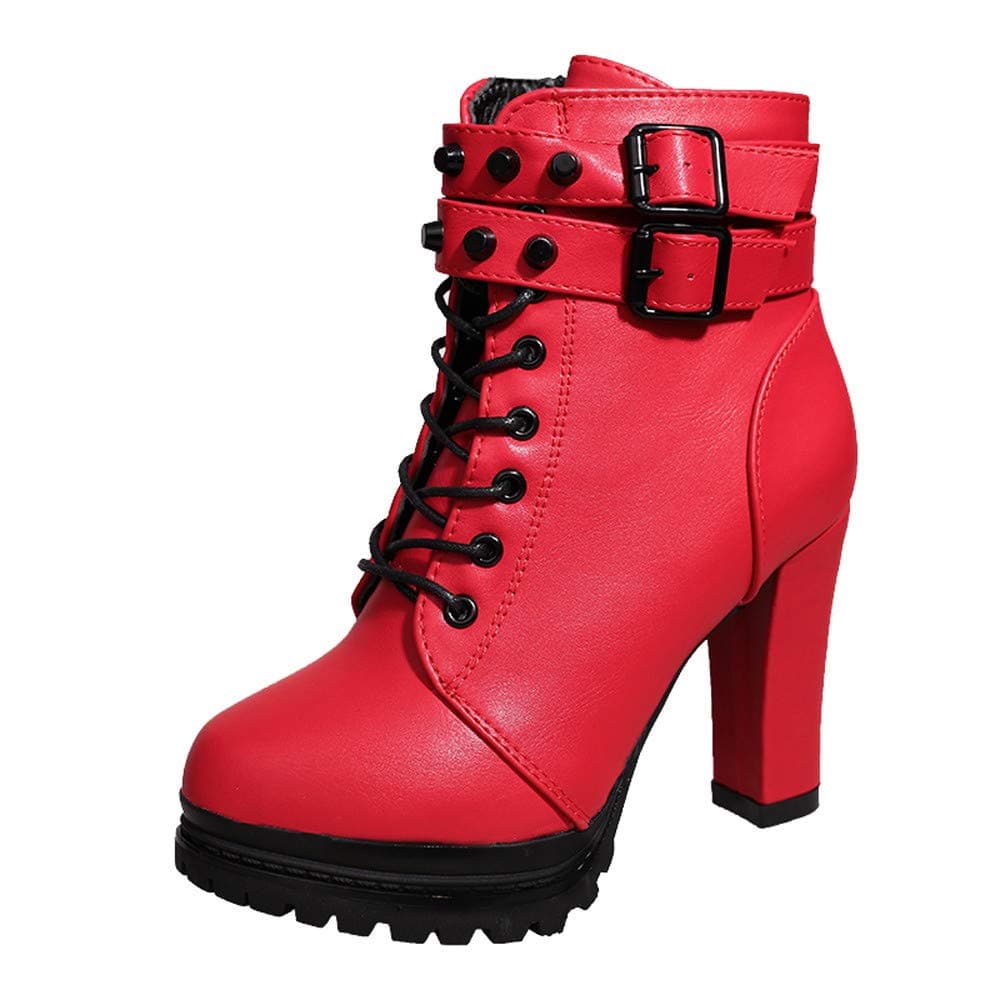 Lazzboy Women Boot Booties Ankle/Mid-Calf High Heel Pumps/Flat Leather Rivets Buckle Lace-Up/Zip Shoes(6 UK,Red Ankle)