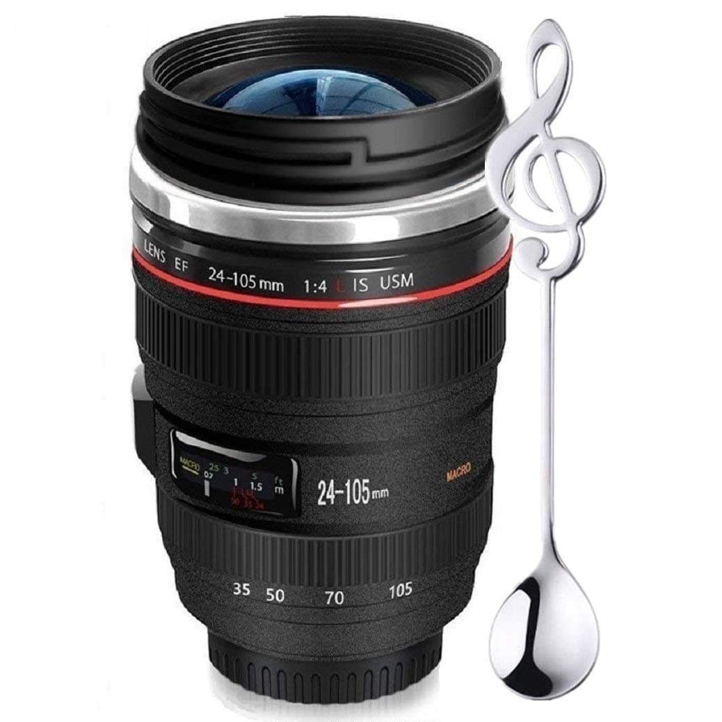 Camera Lens Coffee Mug,Comes with a Musical Note Spoon,Novelty Stainless Steel Camera Lens Mugs for Music Lover Photographer Filmmaker