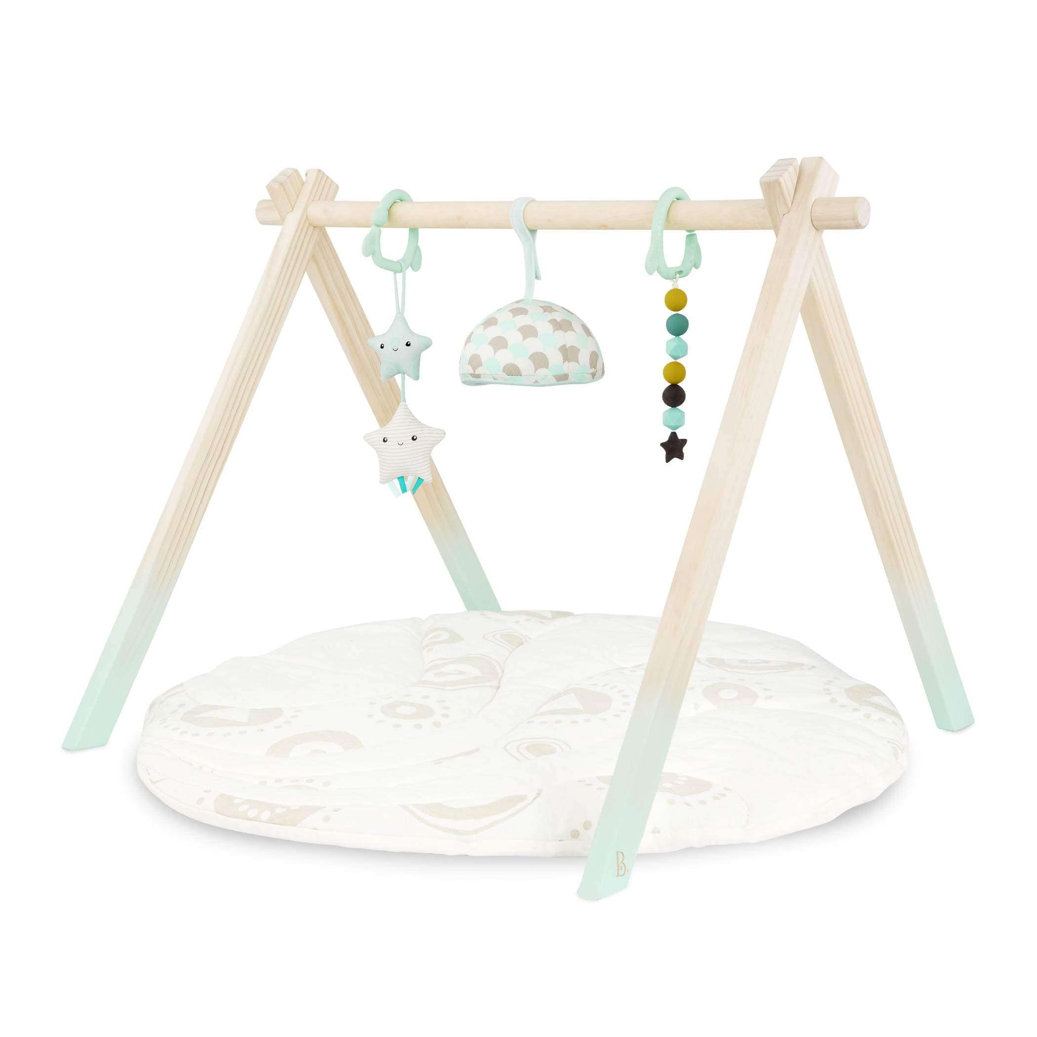 B. toys ââ‚¬â€œ Wooden Baby Play Gym ââ‚¬â€œ Activity Mat ââ‚¬â€œ Starry Sky ââ‚¬â€œ 3 Hanging Sensory Toys ââ‚¬â€œ Organic Cotton ââ‚¬â€œ Natural Wood ââ‚¬â€œ Babies, Infants
