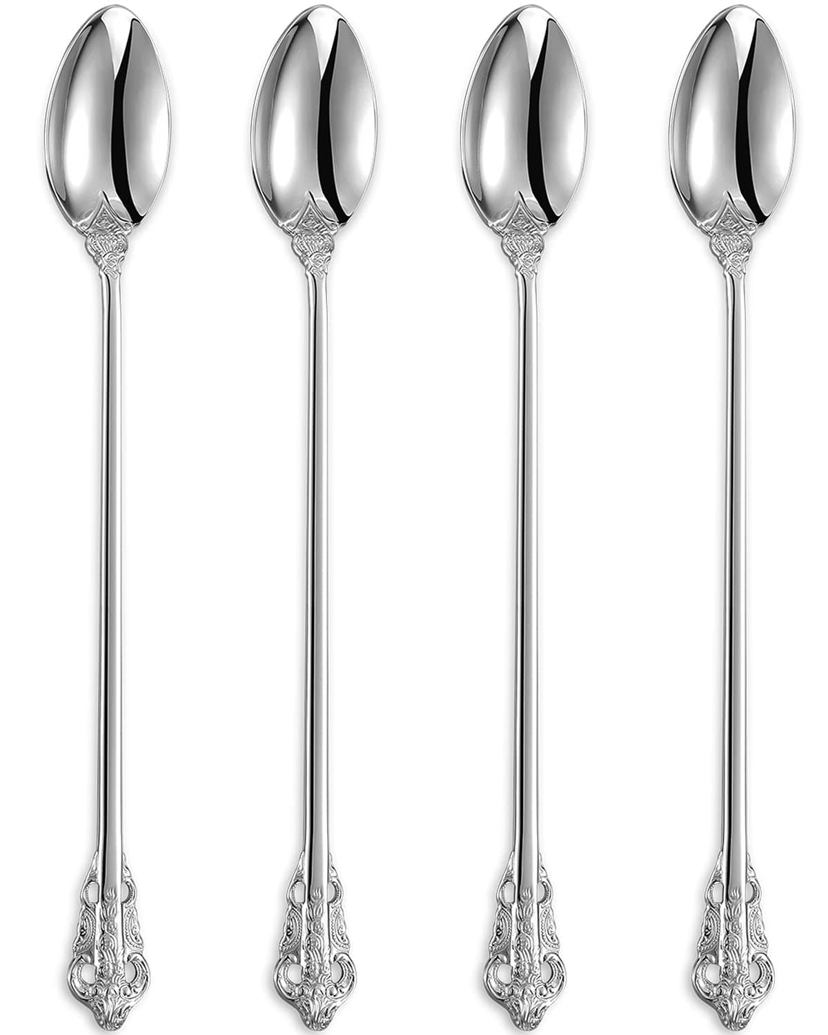 Luxurious 9 Inch Long Iced Tea Spoon Set - 4 Pieces - Gorgeous Design with Exceptional Mirror Polished Finish - 18/10 Stainless Steel- Perfect for Tall Glasses, Cocktails (Silver)