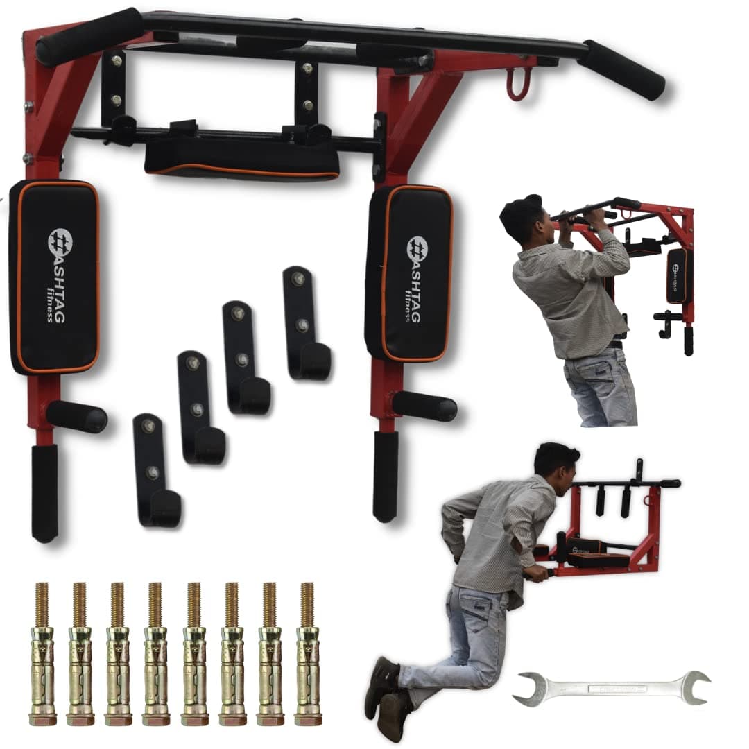 HASHTAG FITNESS Wall mount pull up bar, wall mount 3 in 1, dips station, home gym equipments, height increasing equipments for men,kids and women (Red) 199.58 kg, 36 Inch
