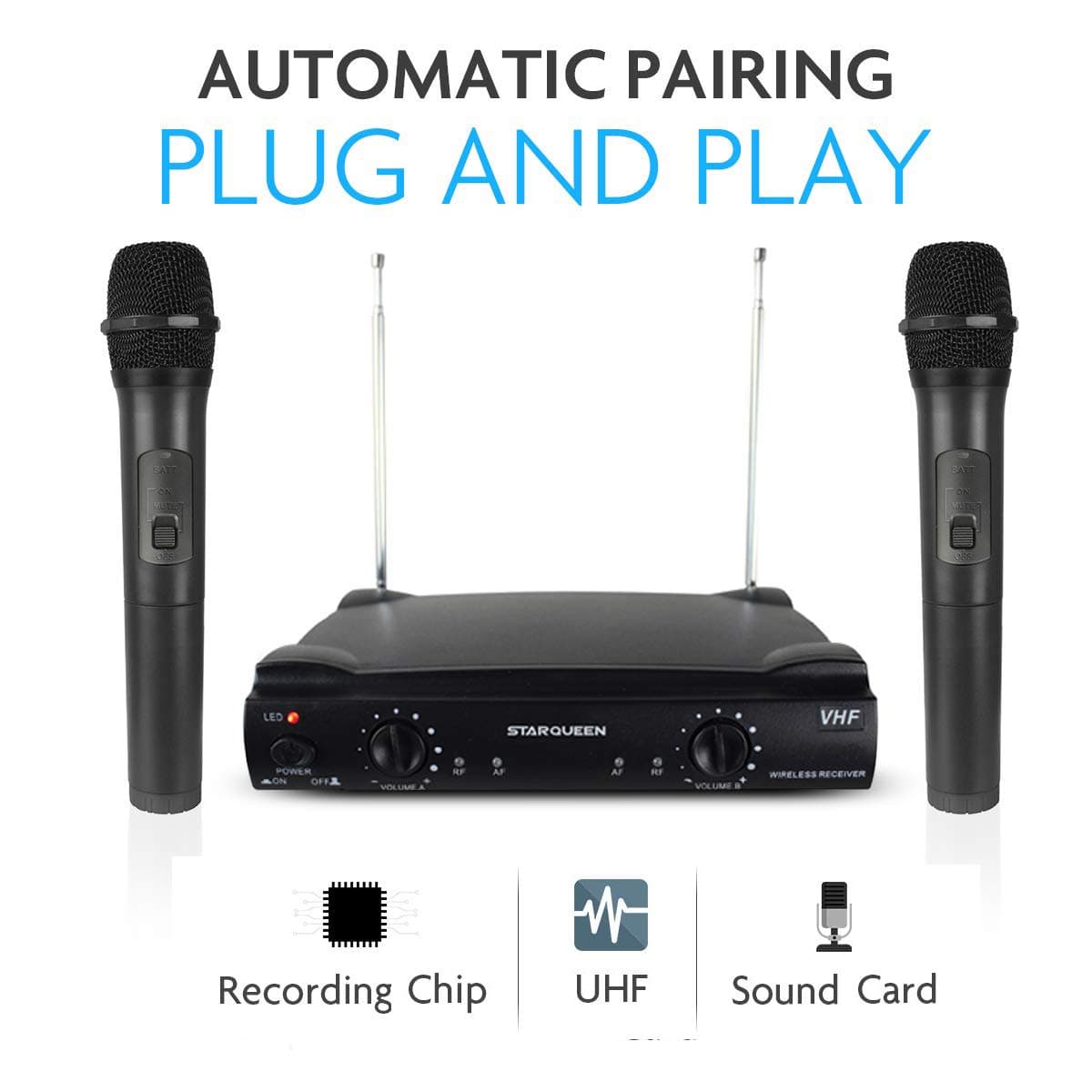 Starqueen Dual-Channel Wireless Microphone System with 2 Handheld Dynamic Mics, Cordless Portable Stage Karaoke Machine for Home KTV Party Speech