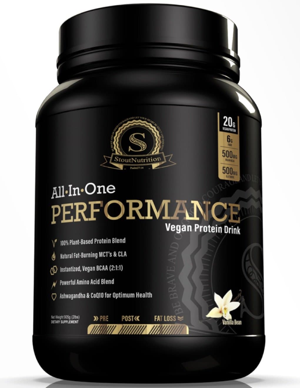 All in One Performance Vegan Protein Drink, Vanilla Bean - 100% Plant Based with 20g Protein, 6g Fiber, BCAA, 1g Amino Acids, 1g CLA,1g MCT Oil, CoQ10, Ashwagandha, Monk Fruit