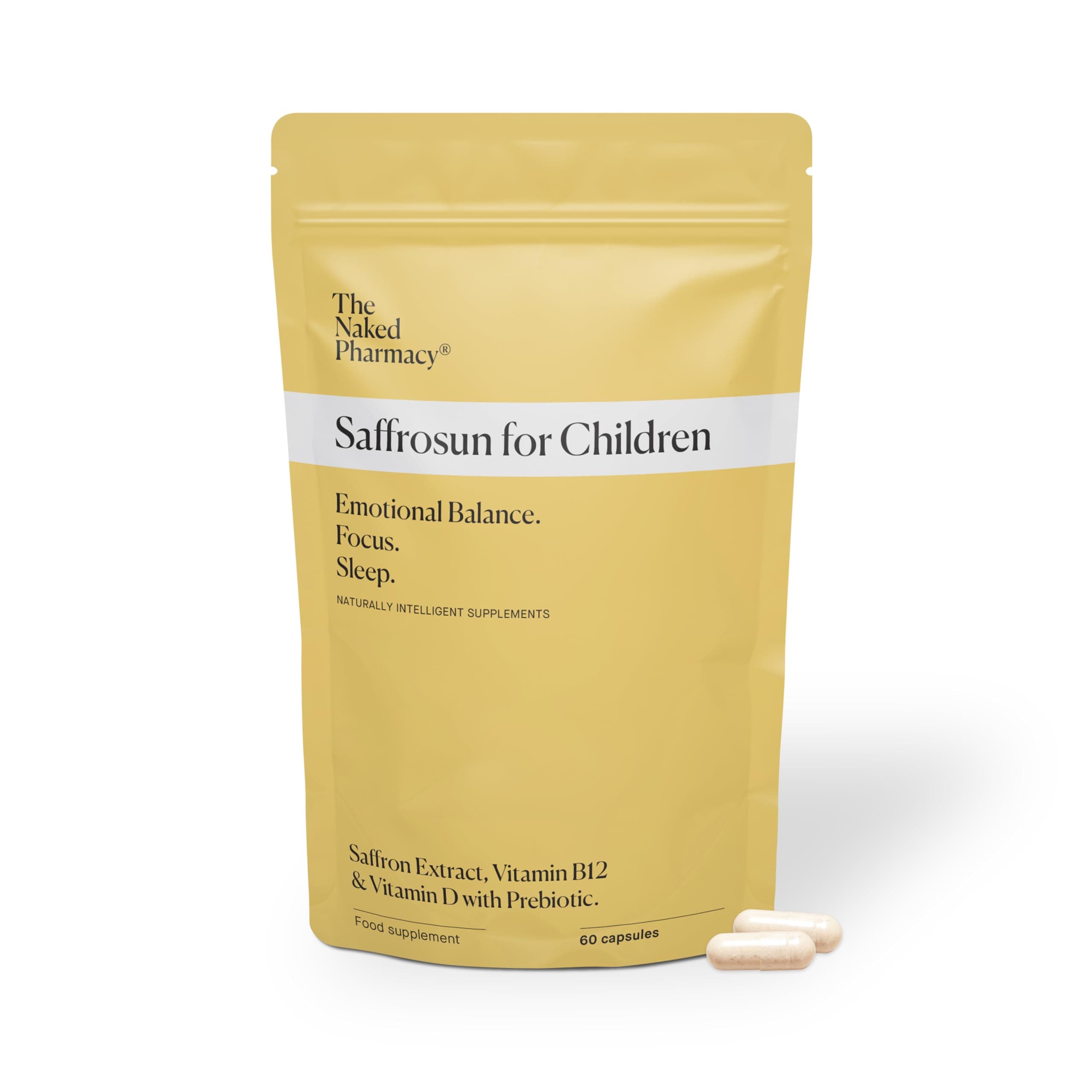 The Naked Pharmacy | Saffrosun for Children | Sleep & Balance | Natural Saffron Supplements with Vitamins D3 & B12 | High Strength | No Additives | Vegan | 60 Capsules