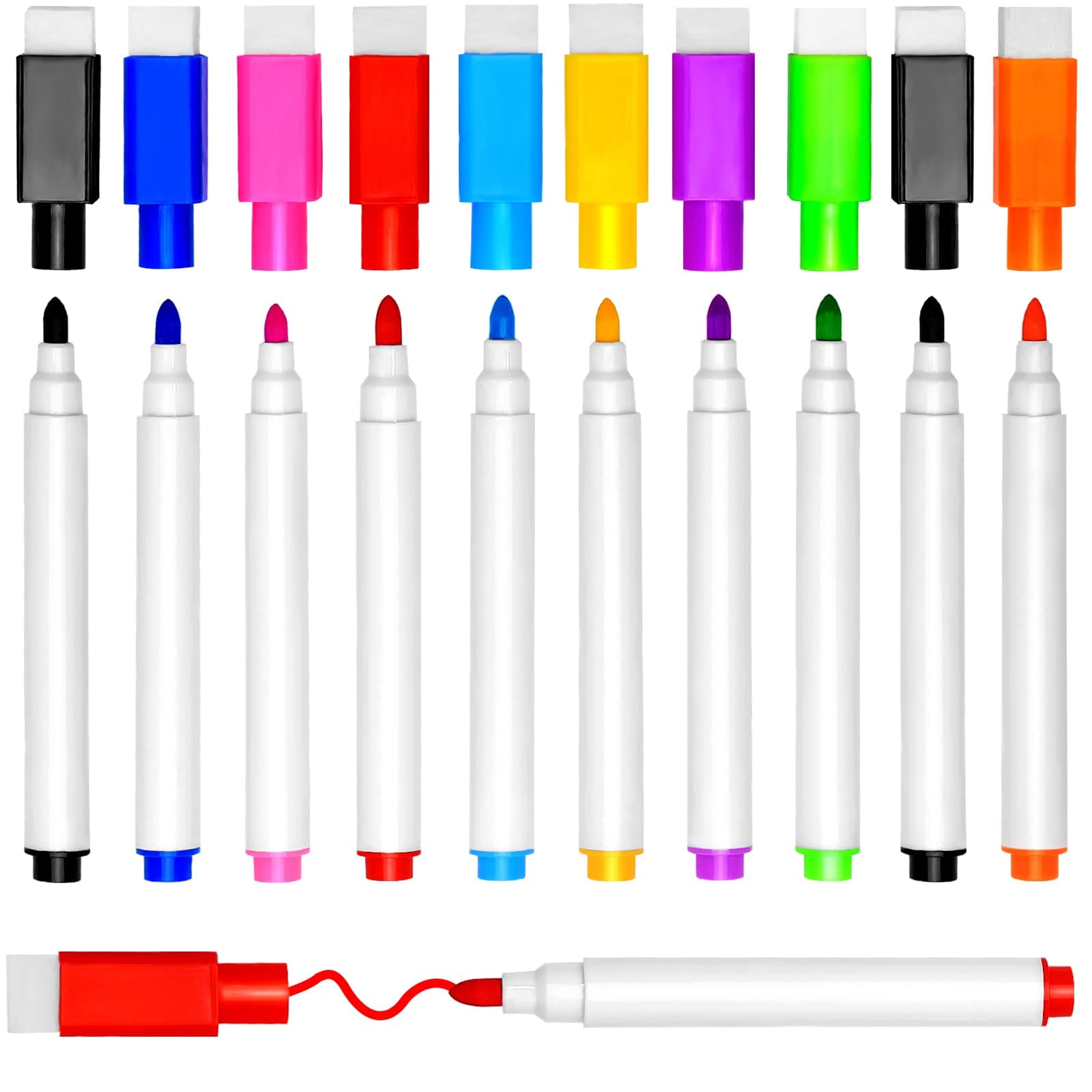 DIYDEC 10 pcs Whiteboard Markers, 9 Color Whiteboard Pens, Fine Tip Magnetic Colour White Board Pen with Eraser Low Odor Dry Erase Ink Markers Erasable for Home, School and Office Uses