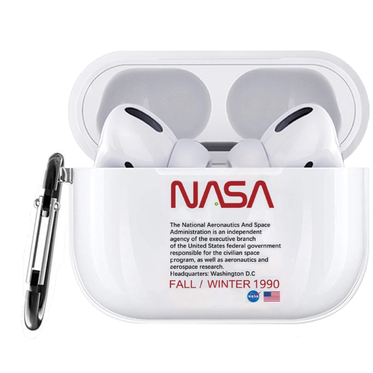 Haiyin(Front LED Visible) Design Transparent Shockproof Acrylic Protective Case with Anti Lost Key Chain Compatible for AirPods Pro Cover with Logo (NASA)